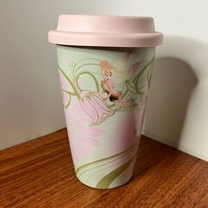 Disney Tinker Bell Travel Tumbler Mug w/ Lid Pink/Green Garden Flowers Dragonfly